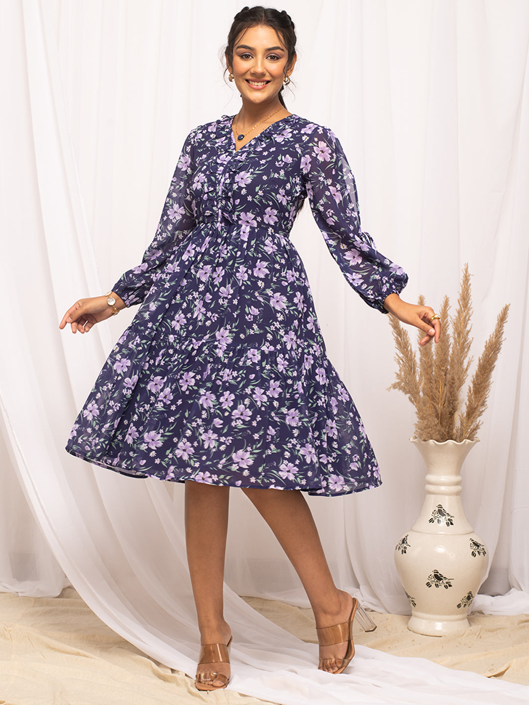 FIORRA Women's Blue Georgette Floral Printed  Dress